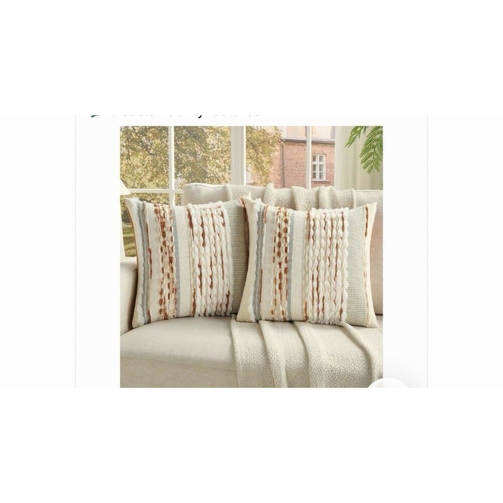 Boho Throw Pillow Covers 18x18 “ Set of 2, Farmhouse Decorative Striped Square